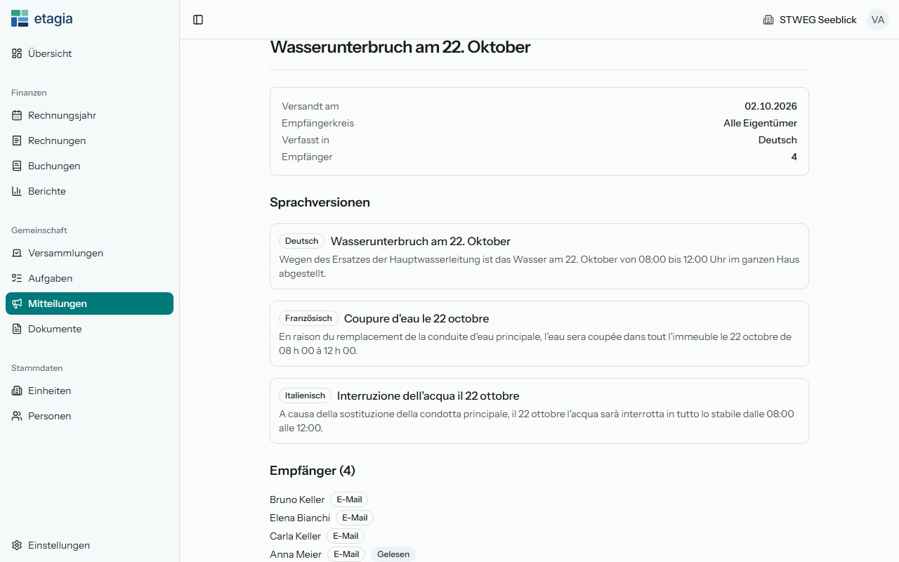 Eine Mitteilung in etagia: auf Deutsch, Französisch und Italienisch verfasst, mit der Liste der Empfänger, ihrem Versandweg und dem Vermerk Gelesen