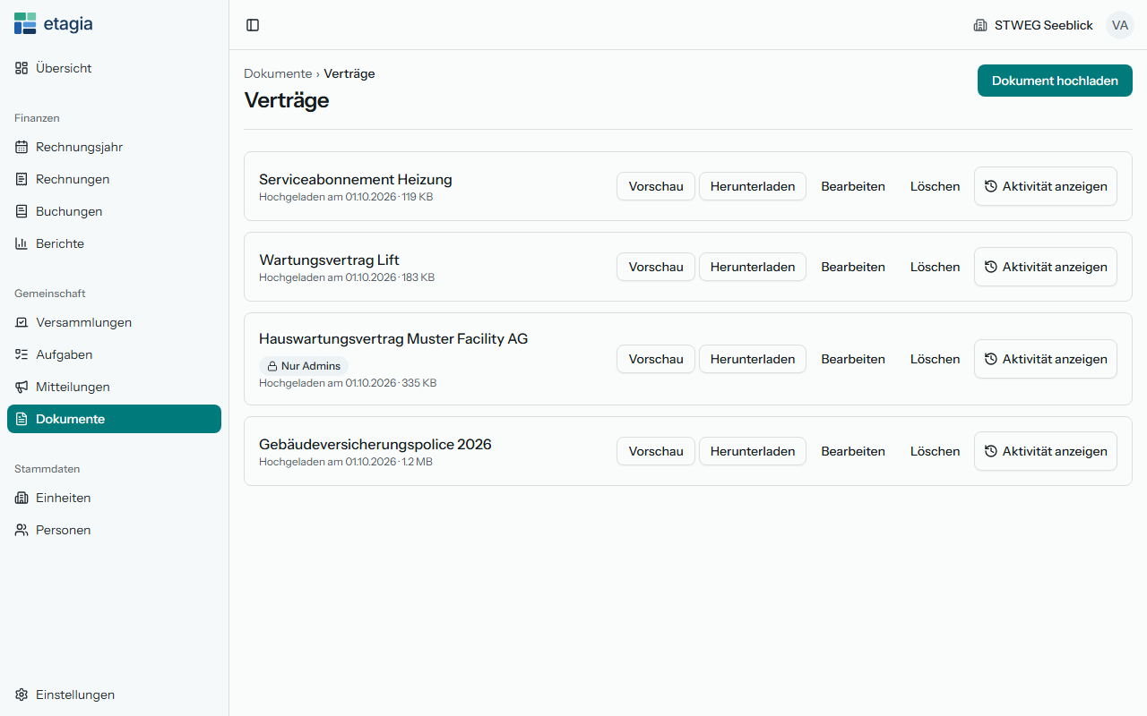 Der Ordner Verträge in etagia: Versicherungspolice und Wartungsverträge mit Vorschau und Download, darunter ein Vertrag, den nur die Administration sieht
