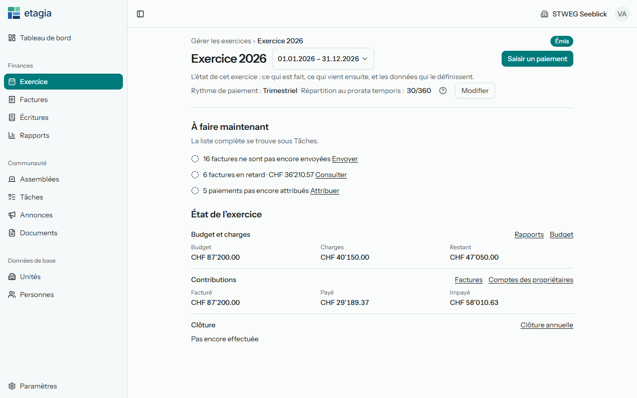 L’exercice dans etagia : les tâches ouvertes, le budget et les charges, les contributions facturées et payées, et l’état de la clôture
