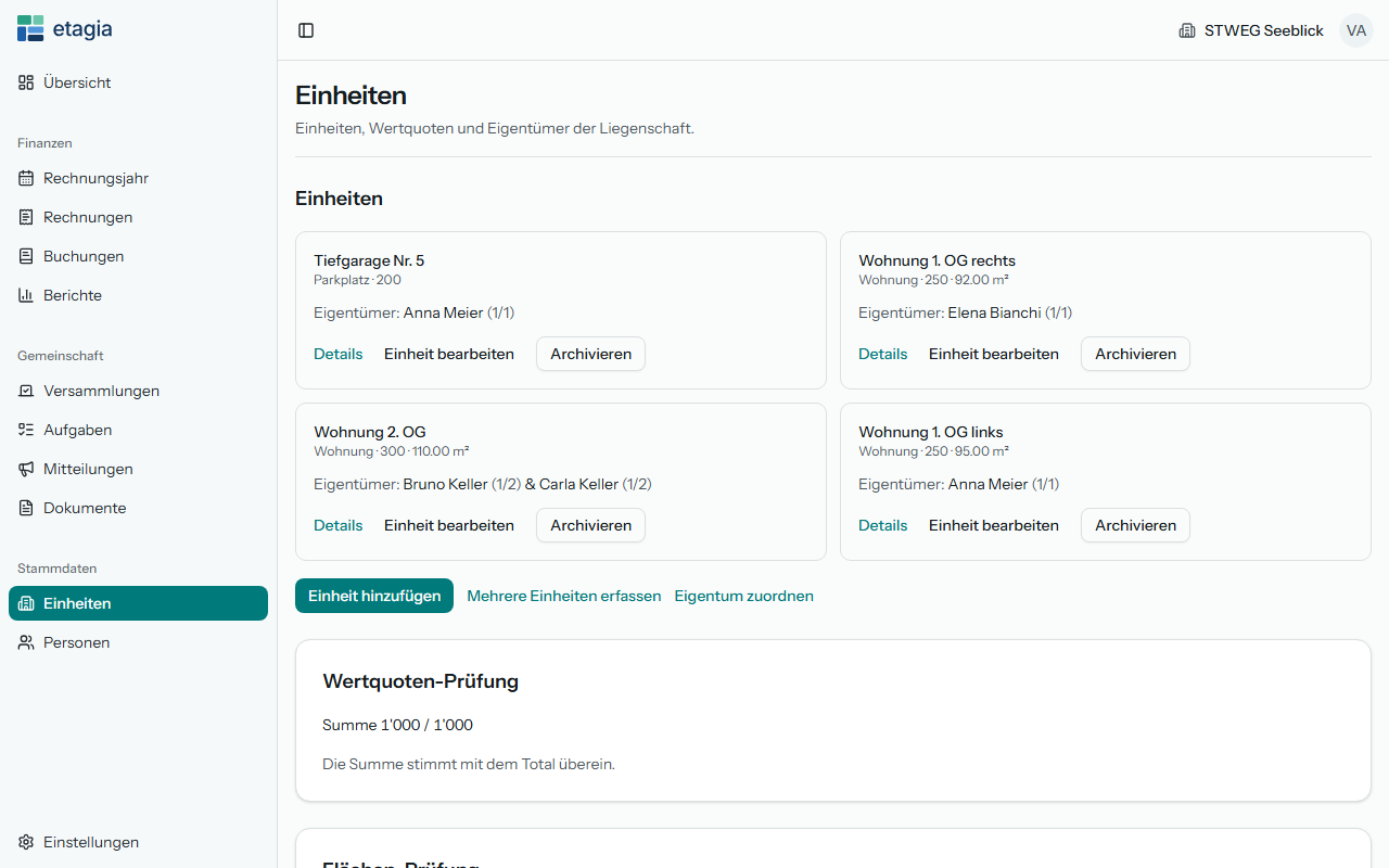 Die Einheiten in etagia: jede Einheit mit Wertquote, Fläche und Eigentümern, darunter die Prüfung, ob die Wertquoten das Total ergeben