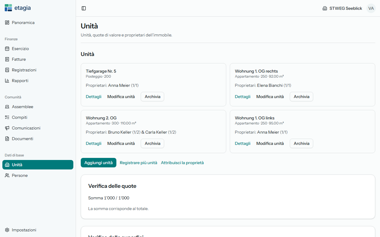 Le unità in etagia: ogni unità con quota di valore, superficie e proprietari, e sotto la verifica che le quote raggiungano il totale
