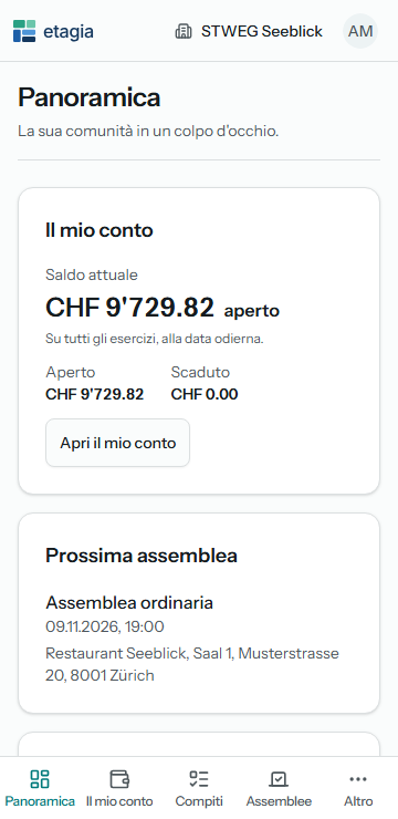 etagia su un telefono: la panoramica di una proprietaria con Il mio conto, la prossima assemblea e la navigazione in fondo allo schermo