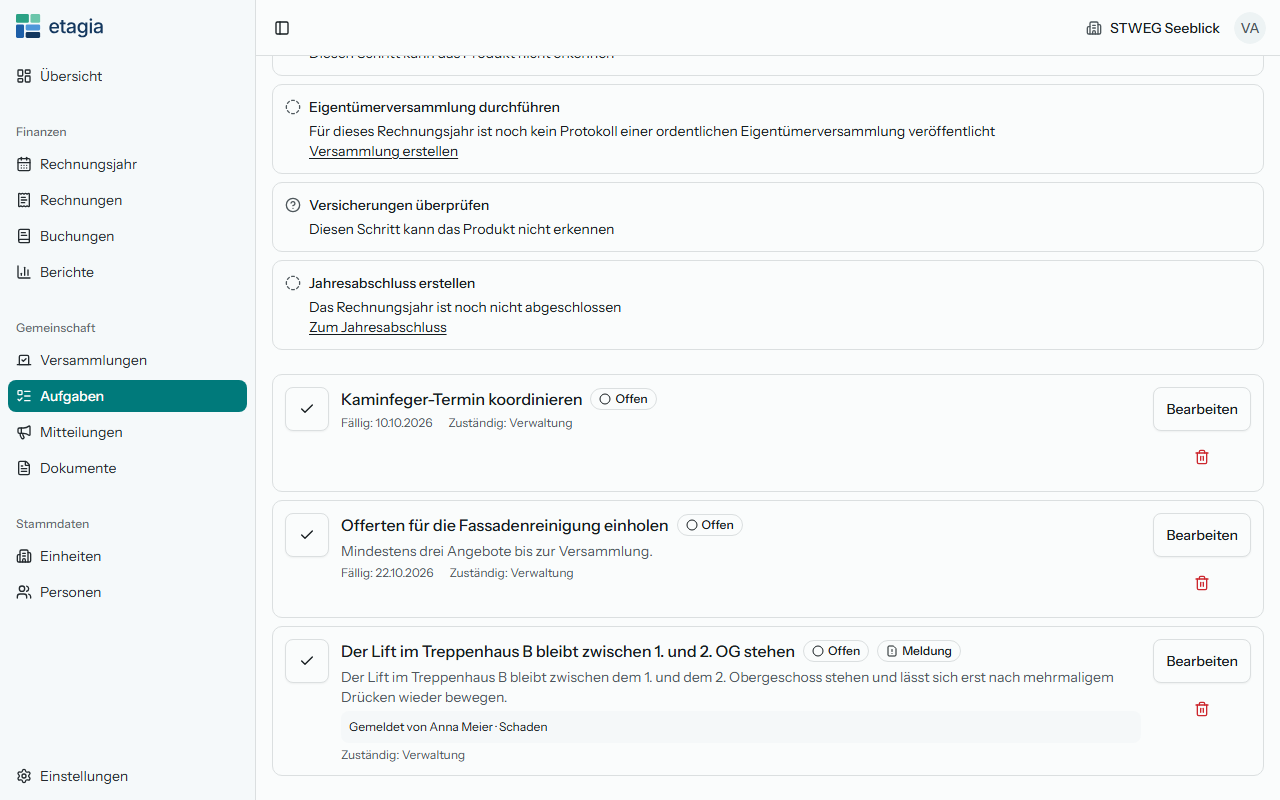 Die Aufgaben in etagia: die Schritte des Rechnungsjahrs, erfasste Aufgaben mit Termin und Zuständigkeit und die Meldung einer Eigentümerin zu einem Schaden am Lift