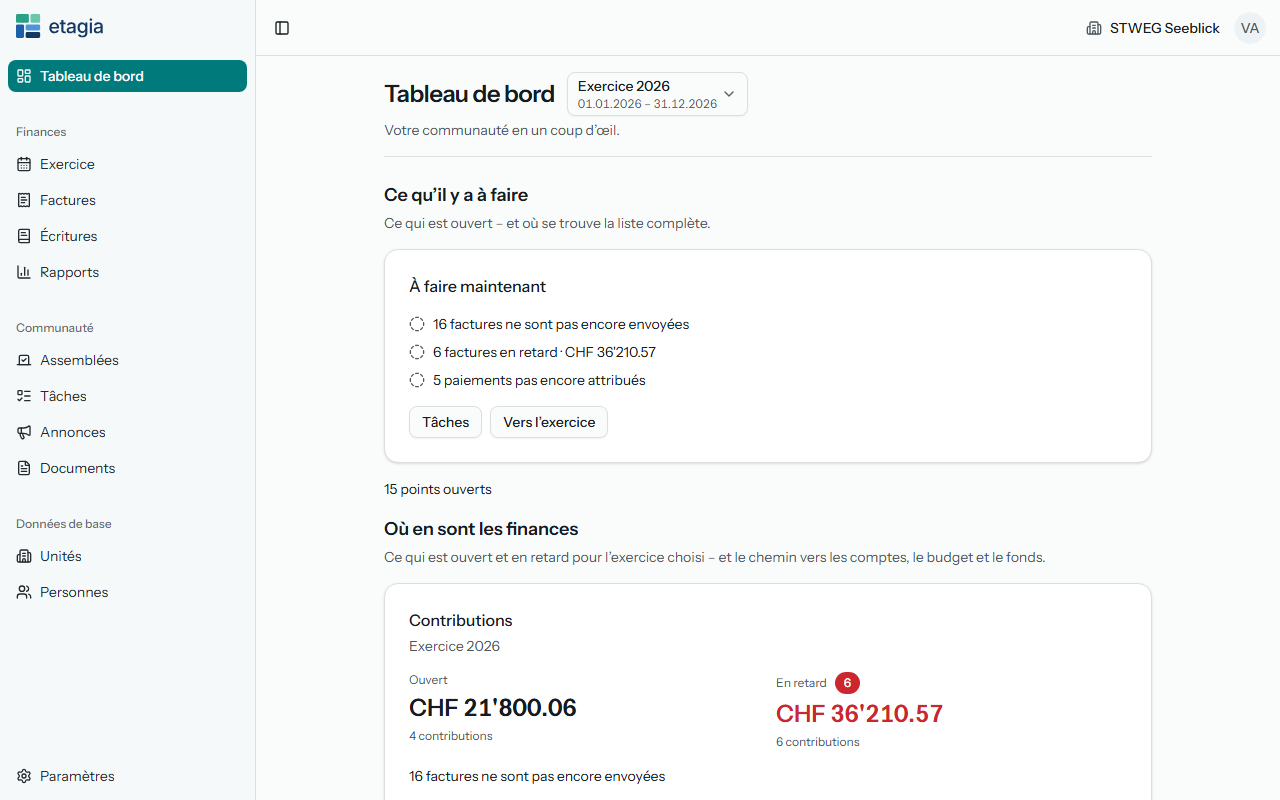 Aperçu du tableau de bord etagia d’une communauté de propriétaires